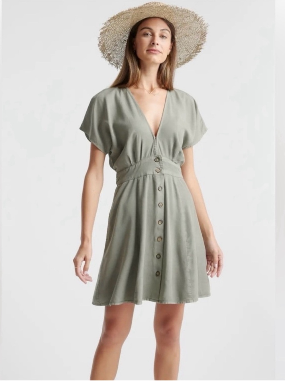 Quince Vintage Wash Olive Green V-Neck Tie-Waist Women's Dress Small